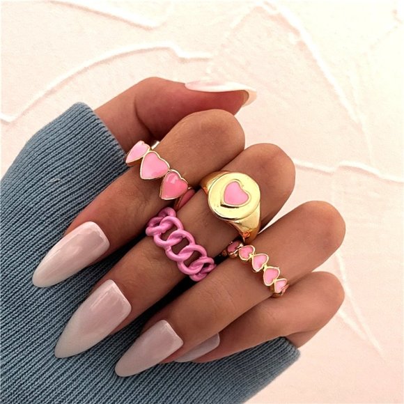 Y2K Gold & Pink Heart 4 Piece Ring Set - Picture 1 of 2